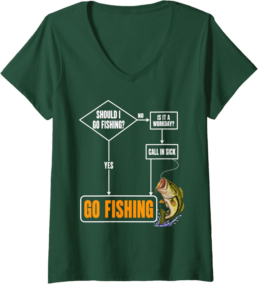 Women's Bass Fishing Should I Go Fishing Flowchart Funny V-Neck T-Shirt - Dark Green