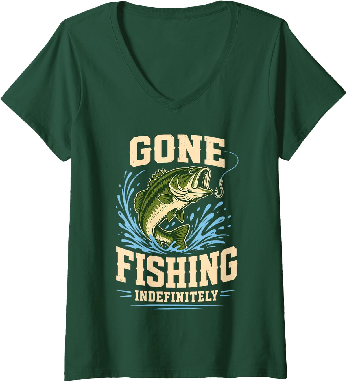 Women's Gone Fishing Indefinitely Bass Hook V-Neck T-Shirt - Dark Green