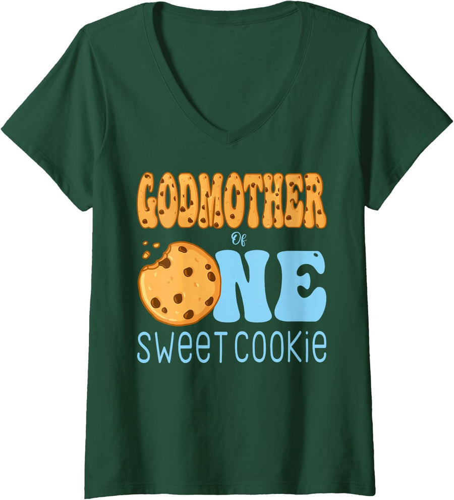 Women's Godmother of One Sweet Cookies and Milk Birthday Party V-Neck T-Shirt - Dark Green