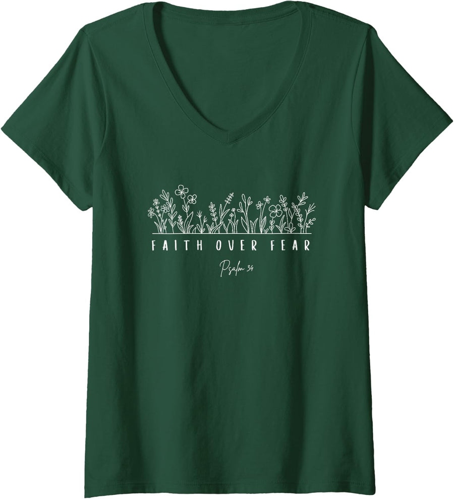Women's Faith Over Fear Psalm 34 V-Neck T-Shirt - Dark Green