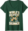 Women's World's Okayest Drummer Funny Drumming V-Neck T-Shirt - Dark Green