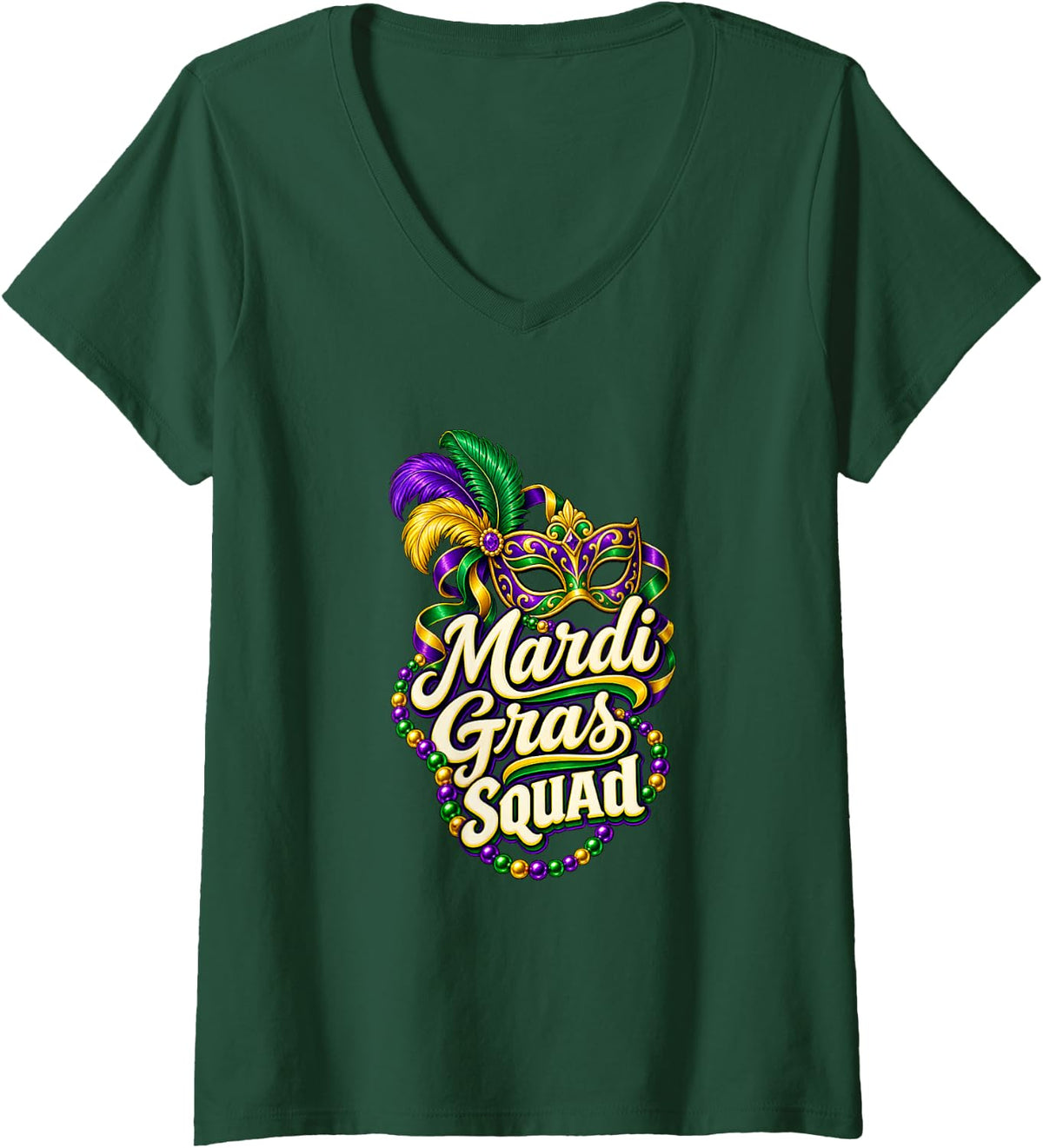 Women's Mardi Gras Squad New Orleans Carnival Party Parade Crew V-Neck T-Shirt - Dark Green