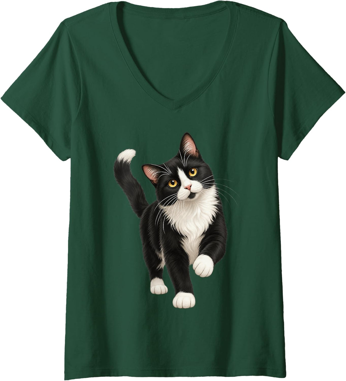 Women's Tuxedo Cat Portrait Black and White Feline V-Neck T-Shirt - Dark Green