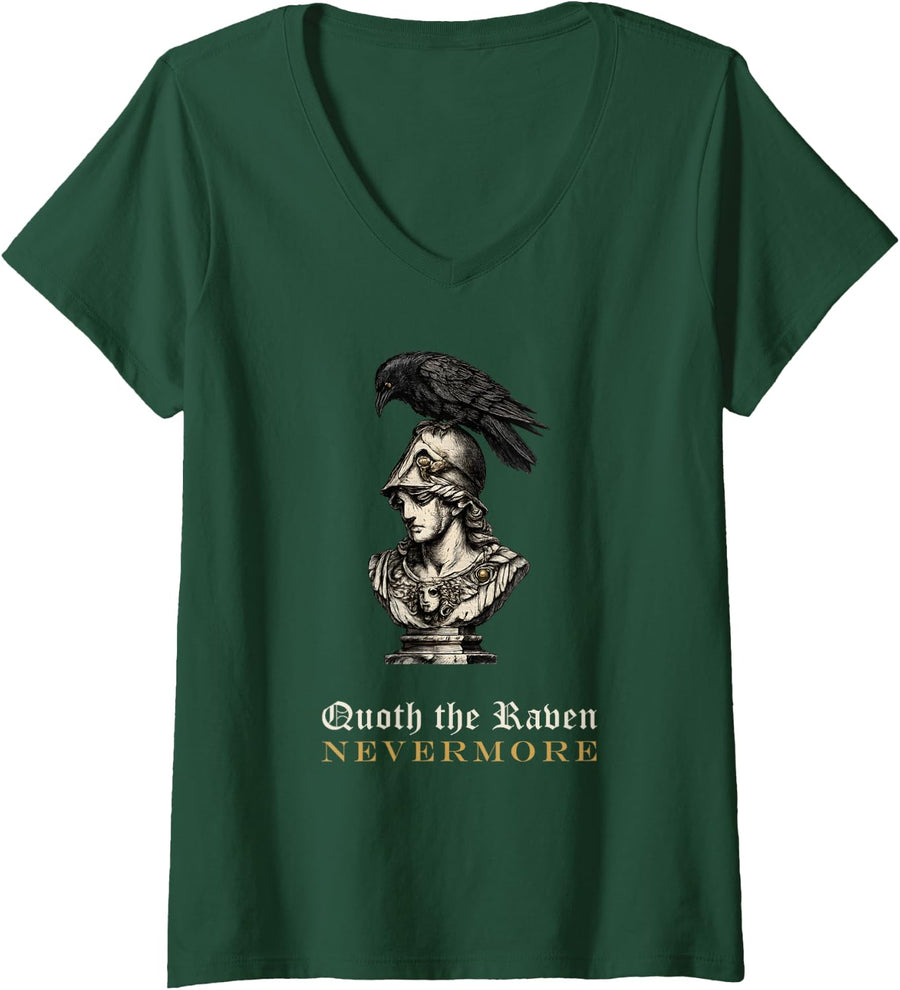 Women's Quoth the Raven Bust of Pallas Poe Gothic Engraving V-Neck T-Shirt - Dark Green