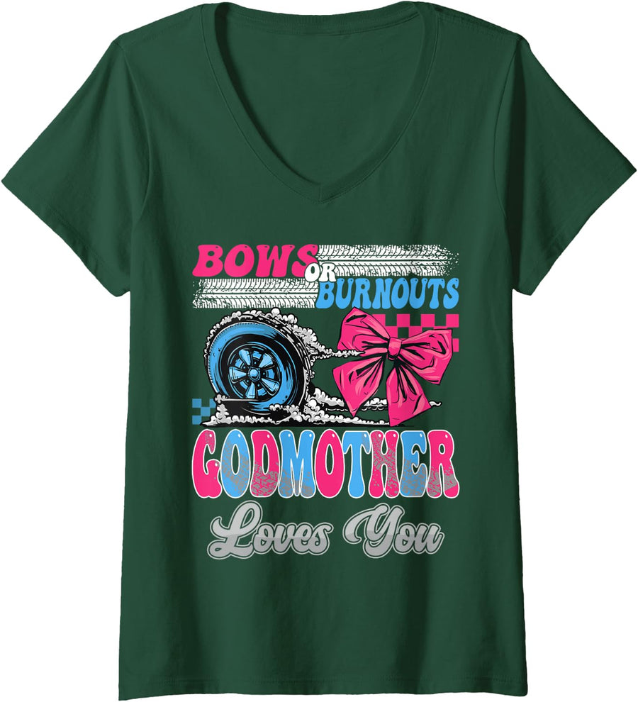 Women's Burnouts or Bows Godmother Loves You Gender Reveal Party V-Neck T-Shirt - Dark Green