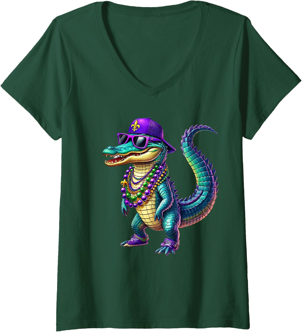Women's Mardigator Mardi Gras Alligator Men Women Mardi Gras Men V-Neck T-Shirt - Dark Green