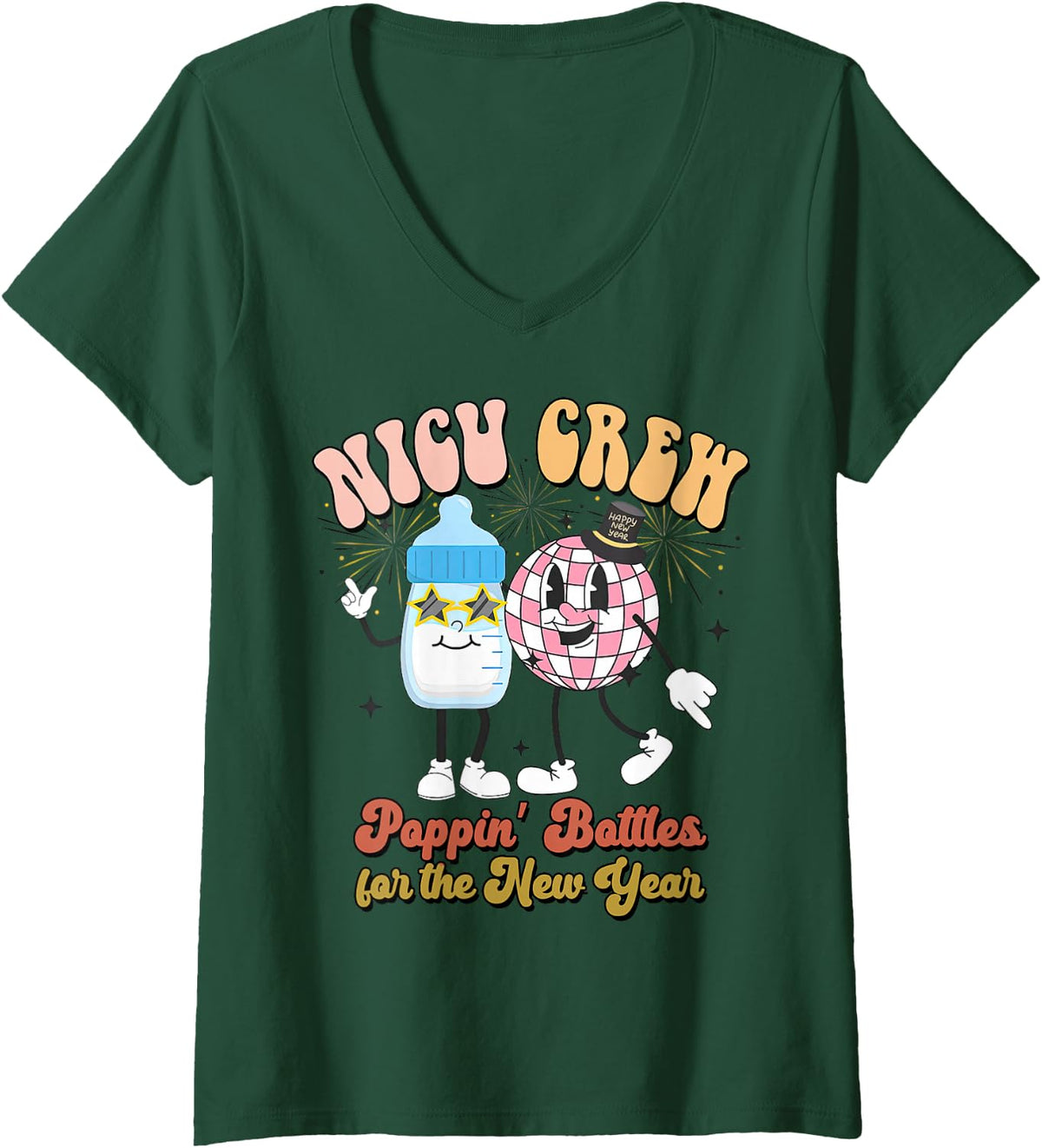 Women's NICU Nurse Poppin' Bottles for The New Years V-Neck T-Shirt - Dark Green