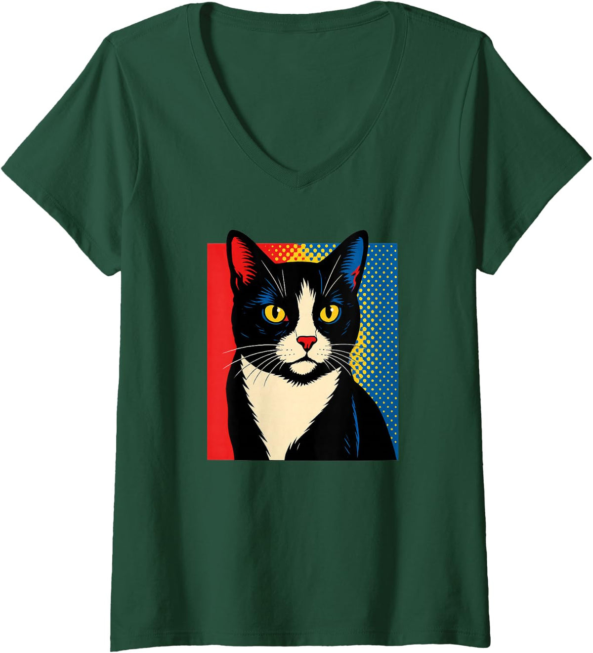 Women's Pop Art Tuxedo Cat V-Neck T-Shirt - Dark Green