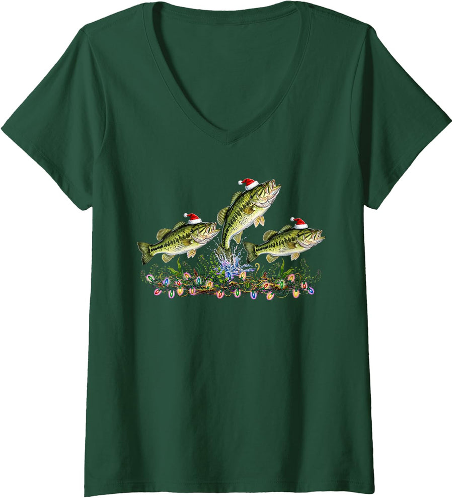 Women's Largemouth Bass Fishing Angler Dad Father Holiday Enthusiast V-Neck T-Shirt - Dark Green