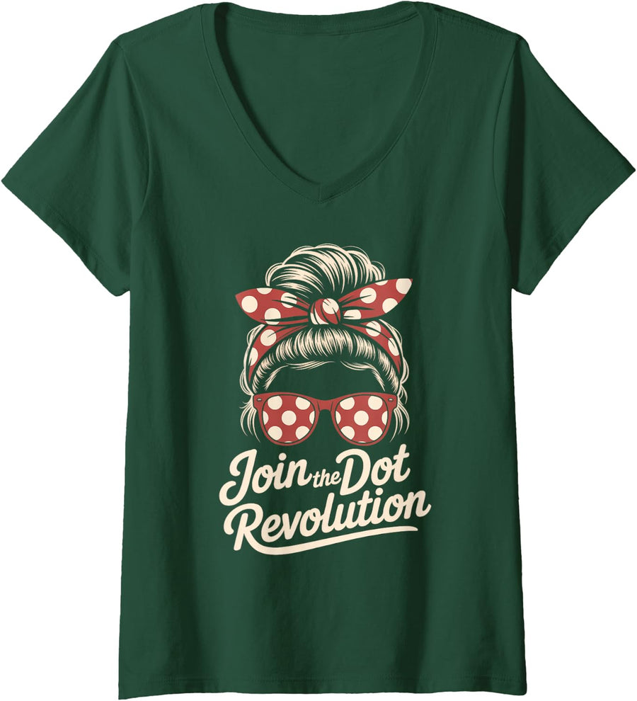 Women's Trendy Join Revolution Pixels Dot Day Girl Paint School V-Neck T-Shirt - Dark Green