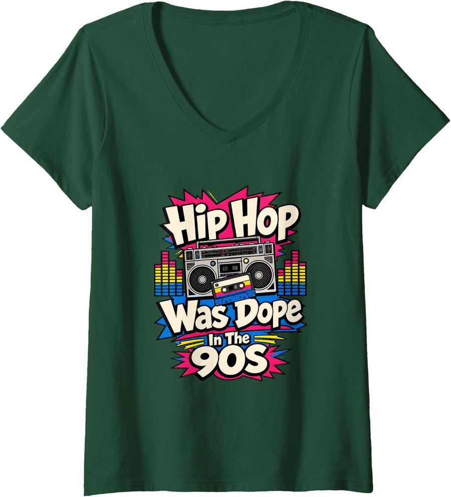 Women's 90s Hip Hop Cassette Tape Boombox Music V-Neck T-Shirt - Dark Green