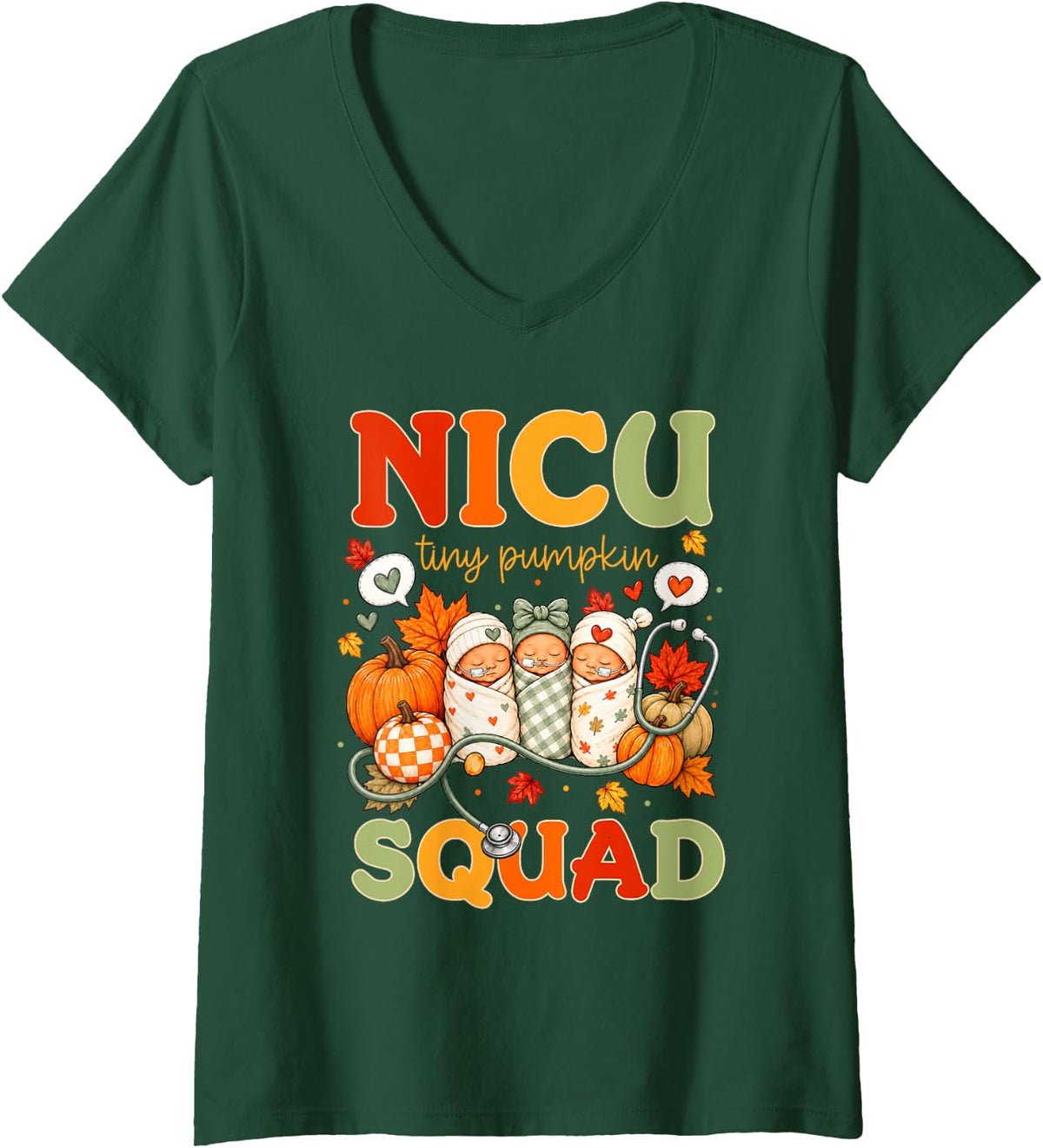 Women's NICU Tiny Pumpkin Squad Thanksgiving NICU Nurse Fall Autumn V-Neck T-Shirt - Dark Green