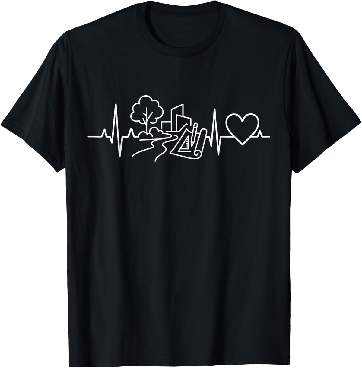 Landscape Architect Heartbeat Urban Planning Line Art T-Shirt - Black