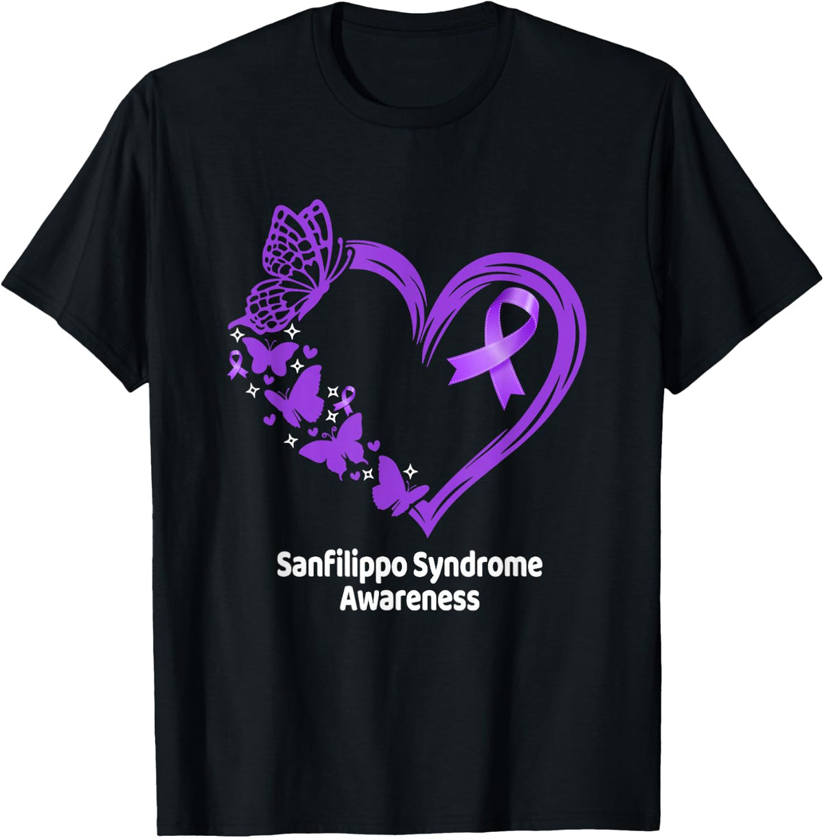 Sanfilippo Syndrome Awareness Heart Butterfly T-Shirt - Black