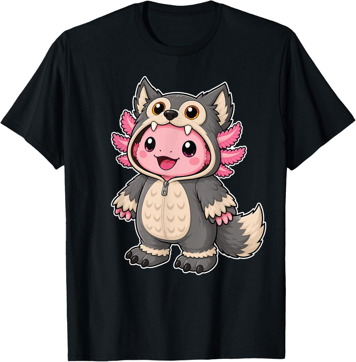 Kawaii Axolotl in a Wolf Costume for Girls Kids Wolf T-Shirt - Black