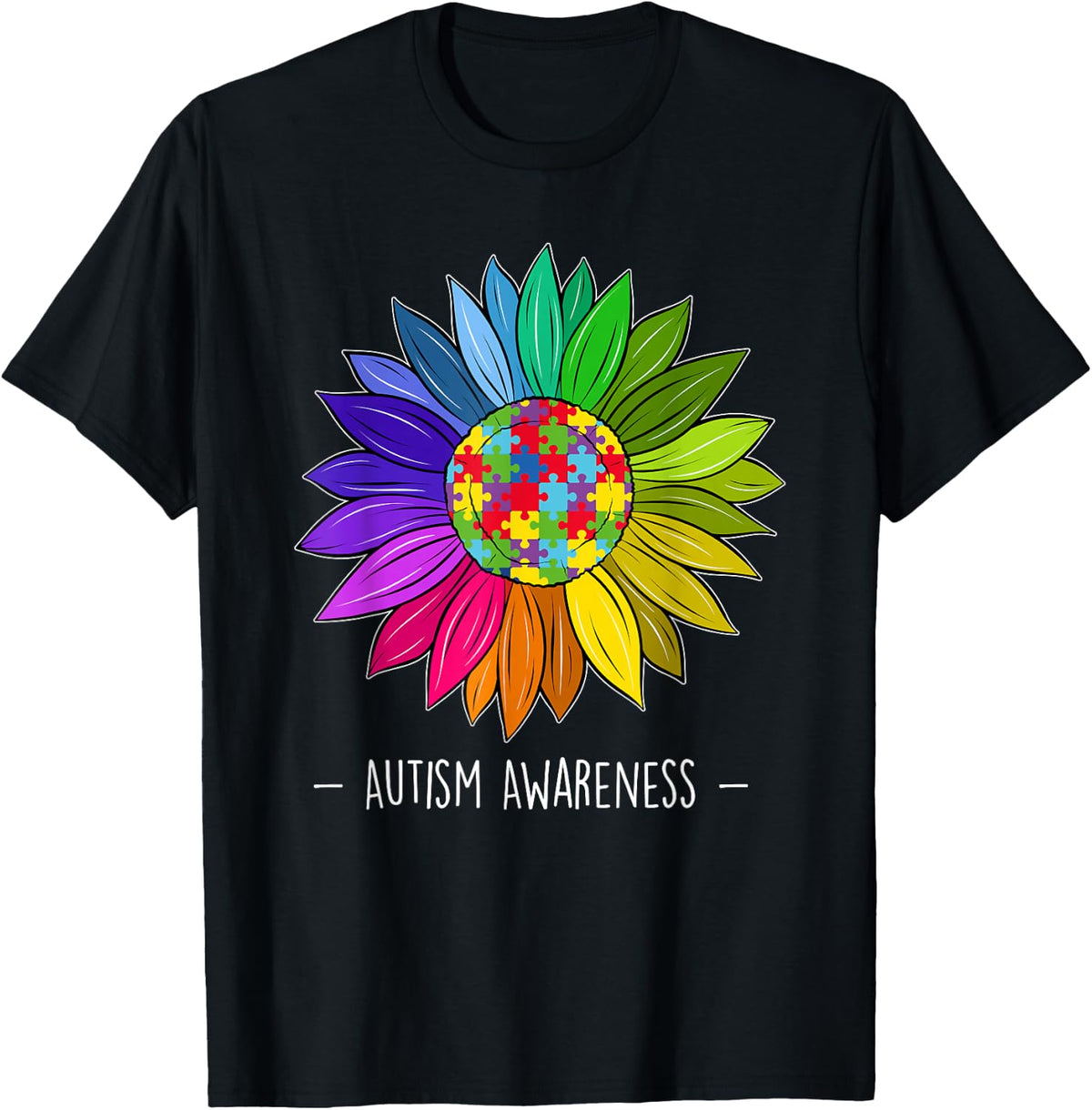Floral Autism Awareness Daisy Flower Tee T-Shirt For Women - Black