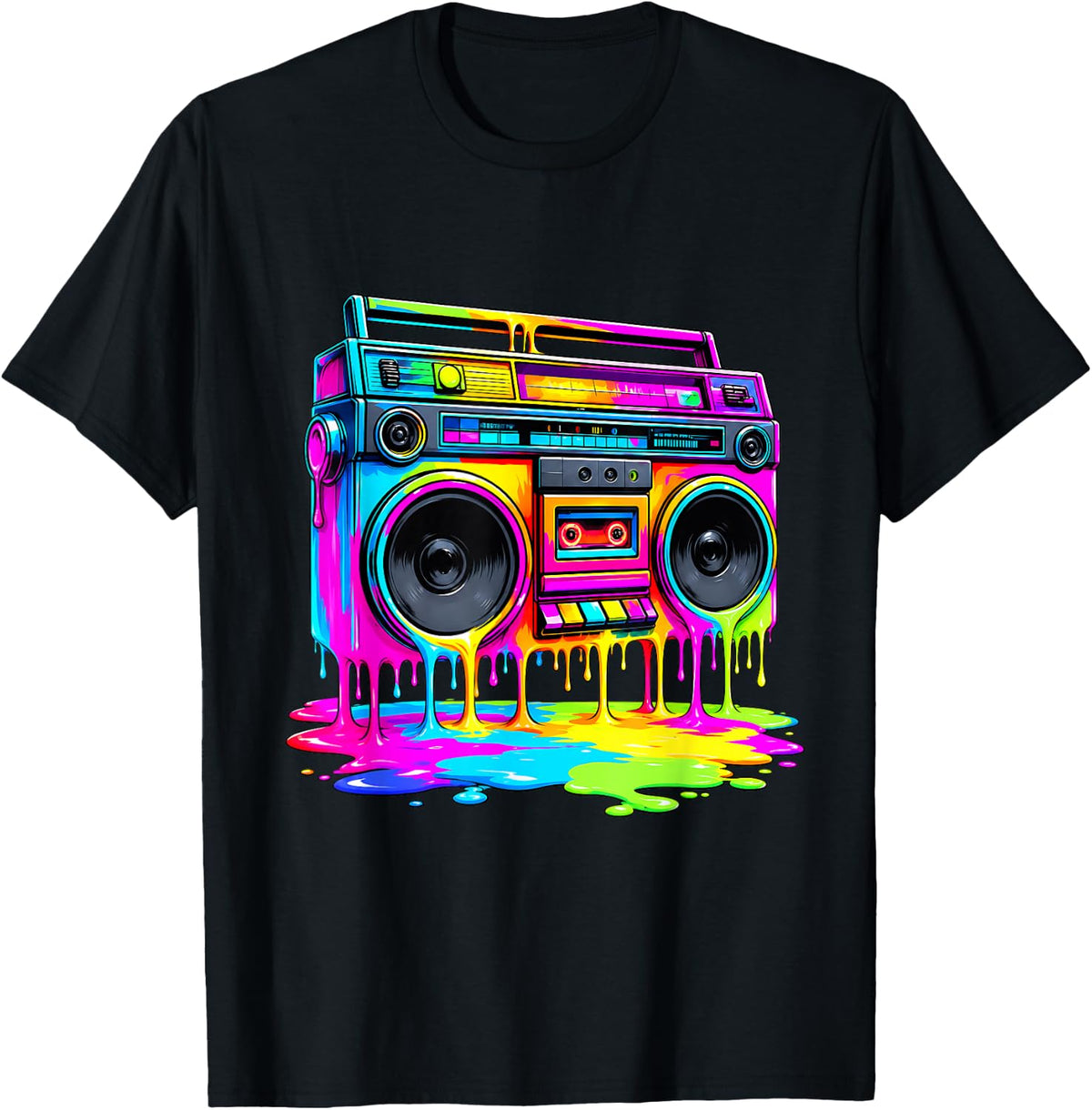 Dripping Paint Boombox R&B Old School 80s Music Hip Hop T-Shirt - Black
