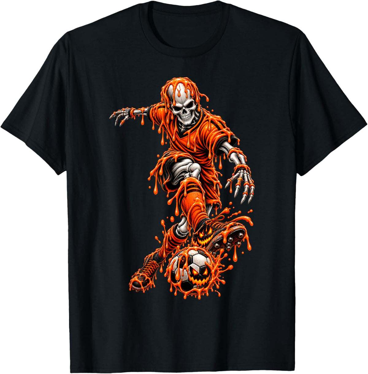 Skeleton Soccer Player Spooky Halloween Dripping Sports T-Shirt - Black