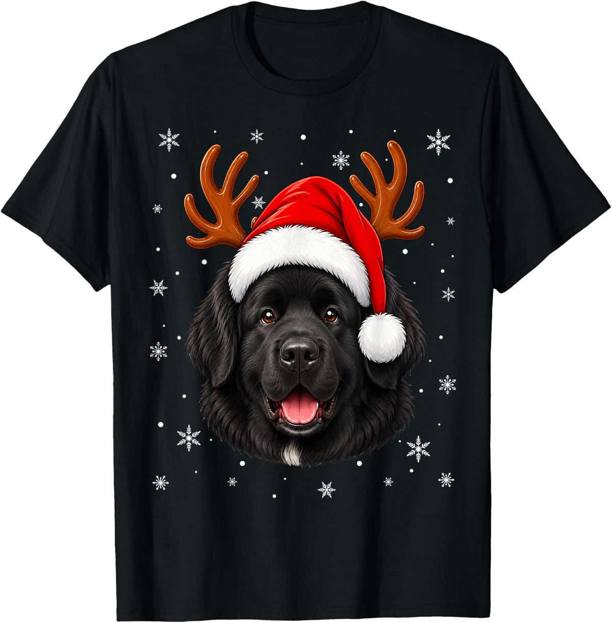 Cute Reindeer Horn Santa Newfoundland Dog Christmas T-Shirt - Black