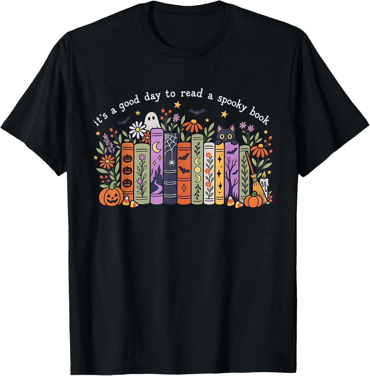 It's A Good Day to Read A Spooky Book Wildflower Halloween T-Shirt - Black