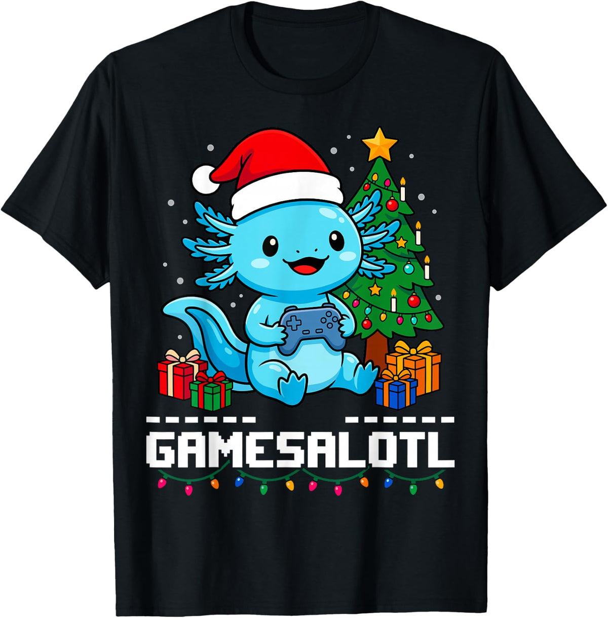 Gamesalotl Christmas Axolotl Amphibian Gamer Controller T-Shirt - Black