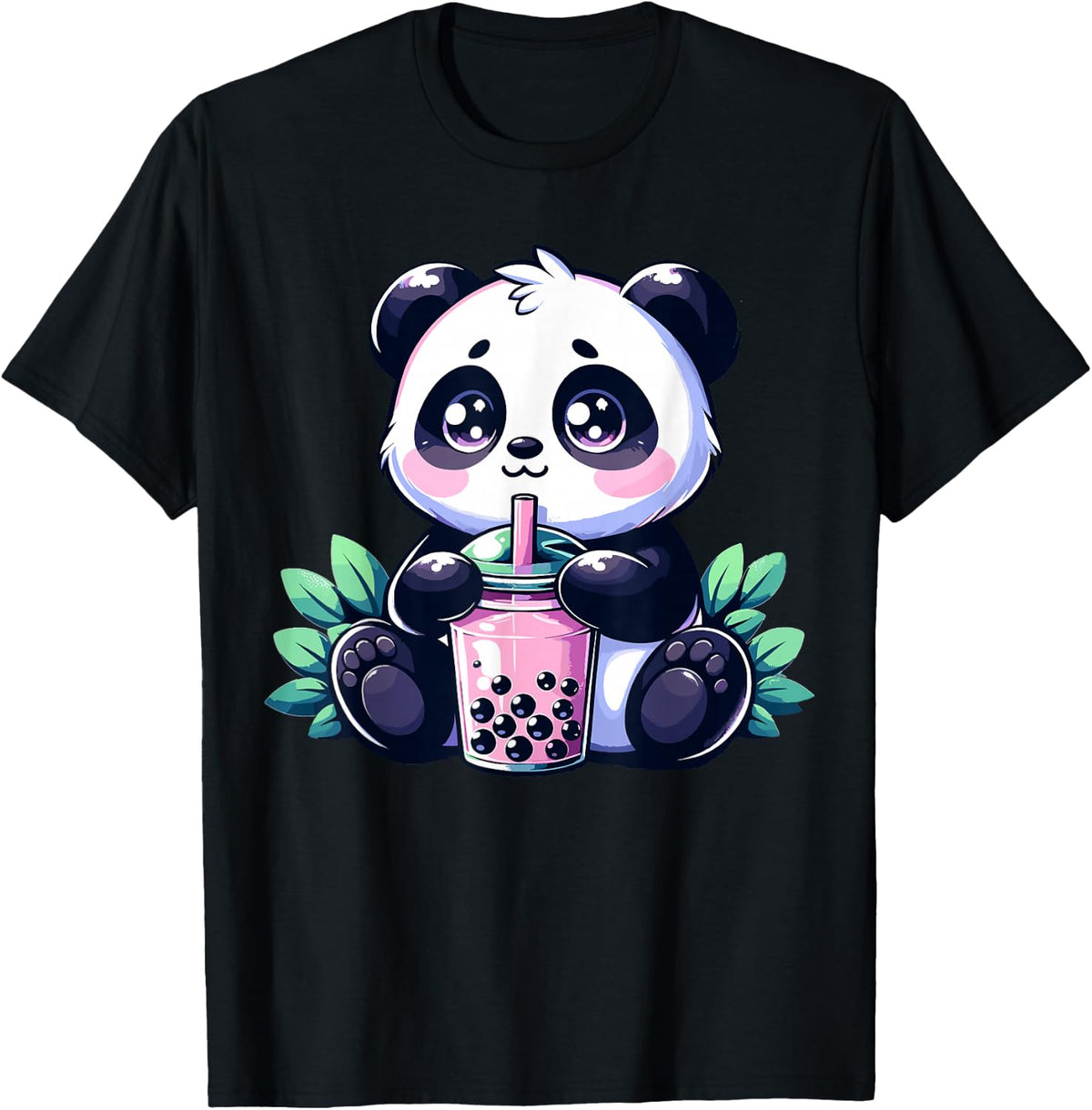 Kawaii Cute Anime Panda Drinking Bubble Tea Boba T-Shirt Tee - Black