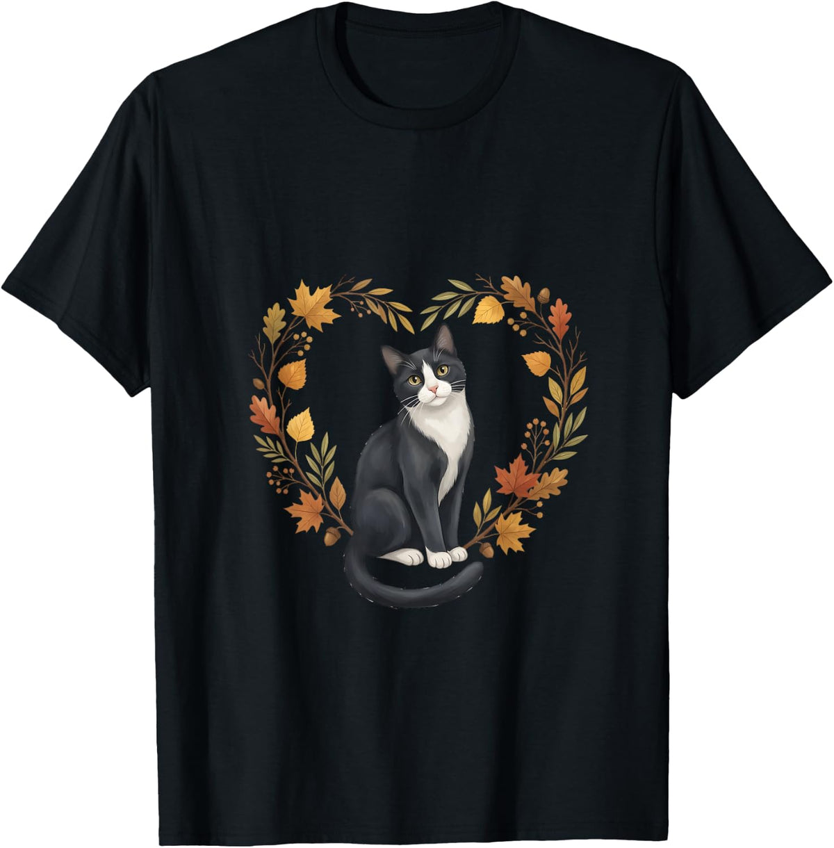Tuxedo Cat Fall Leaf Wreath Autumn Cat Lover T-Shirt - Black