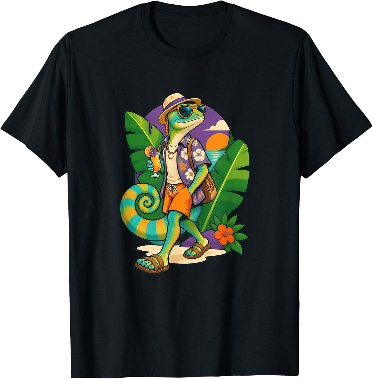 Chameleon Poses with a Tropical Shirt T-Shirt - Black