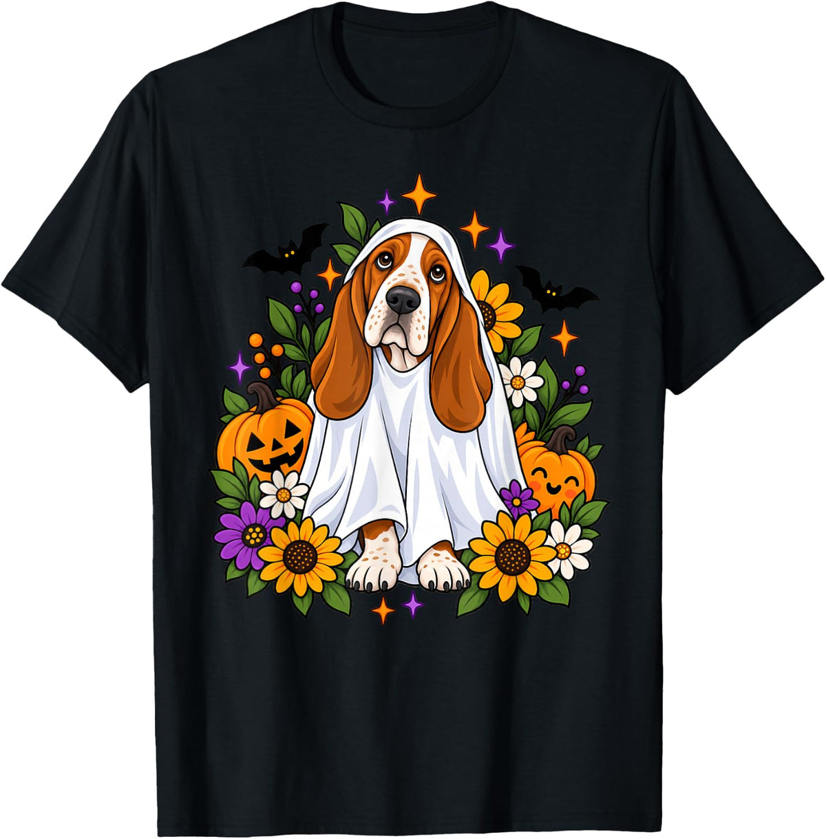 Floral Basset Hound Ghost Halloween Costume for Dog Lovers T-Shirt - Black