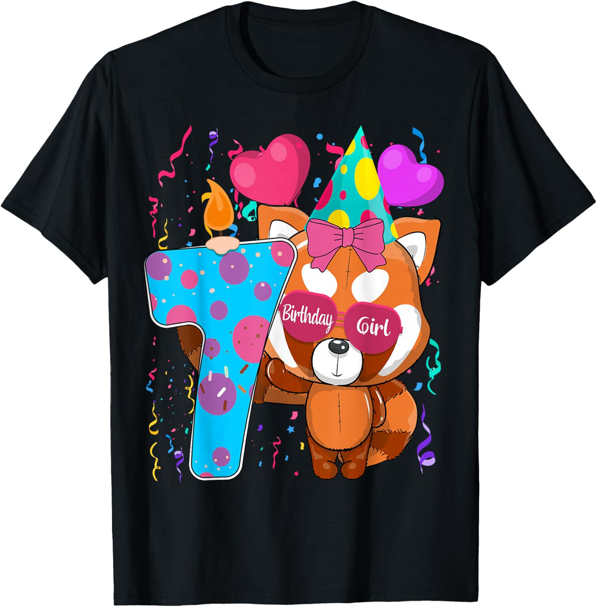Red Panda 7th Birthday I'm 7 Years Old Girls Birthday Party T-Shirt - Black