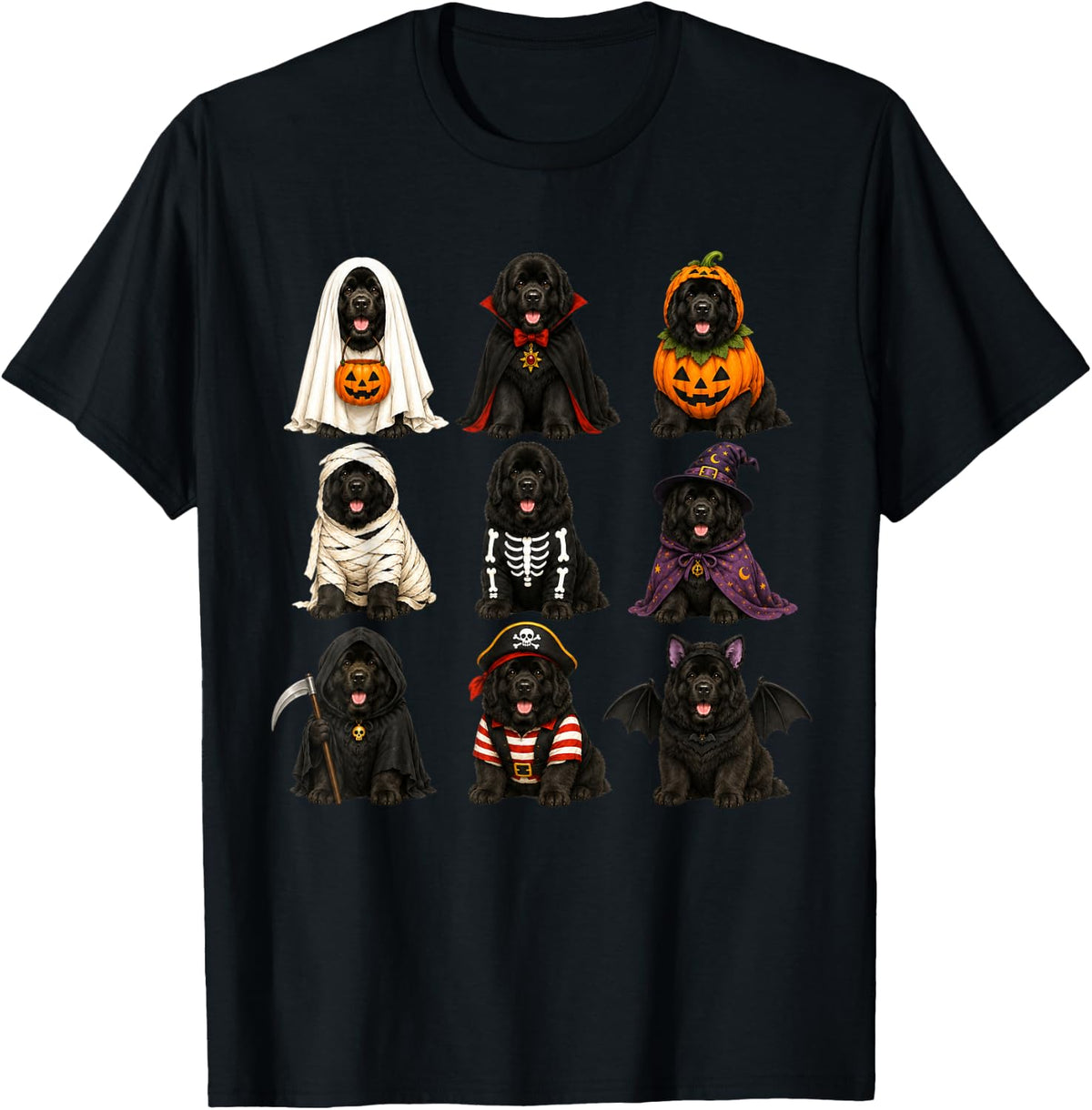 Halloween Newfoundland Squad Pumpkin Vampire Mummy Witch Dog T-Shirt - Black