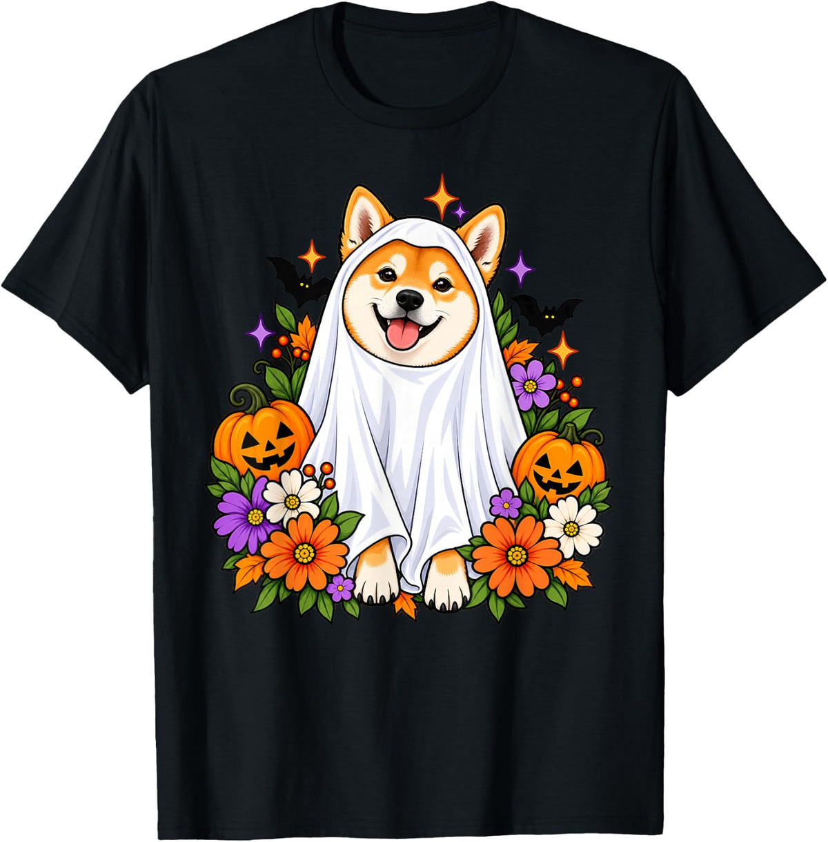 Floral Shiba Inu Ghost Halloween Costume for Dog Lovers T-Shirt - Black