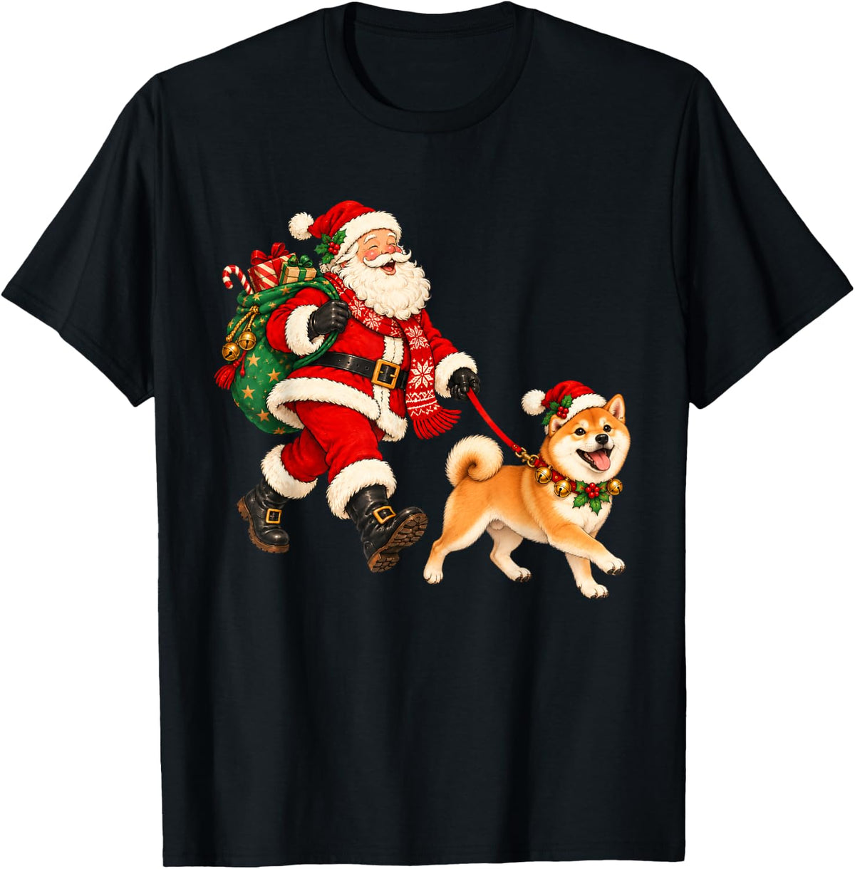 Shiba Inu Christmas Dog Walking with Santa Holiday Dog Lover T-Shirt - Black