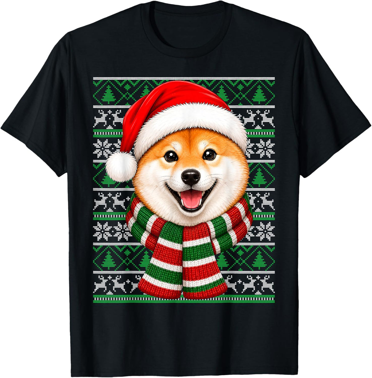 Shiba Inu Dog Christmas Santa Hat Ugly Sweaters Xmas T-Shirt - Black