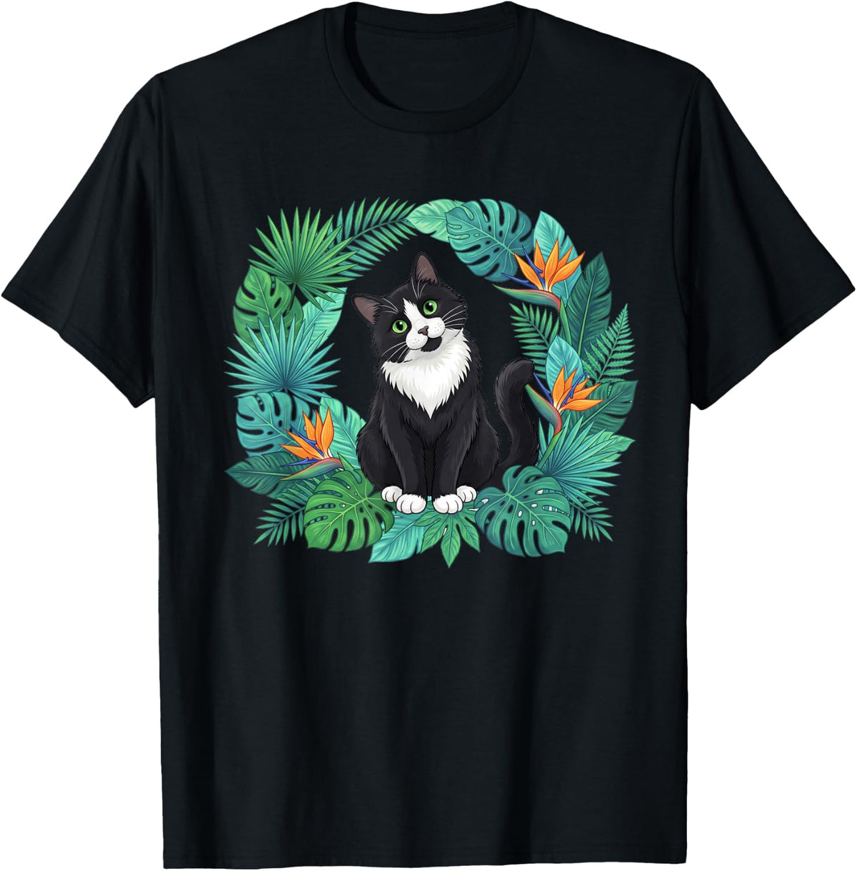 Hawaiian Tshirt Tuxedo Cat Tropical Gift Animal Lovers T-Shirt - Black