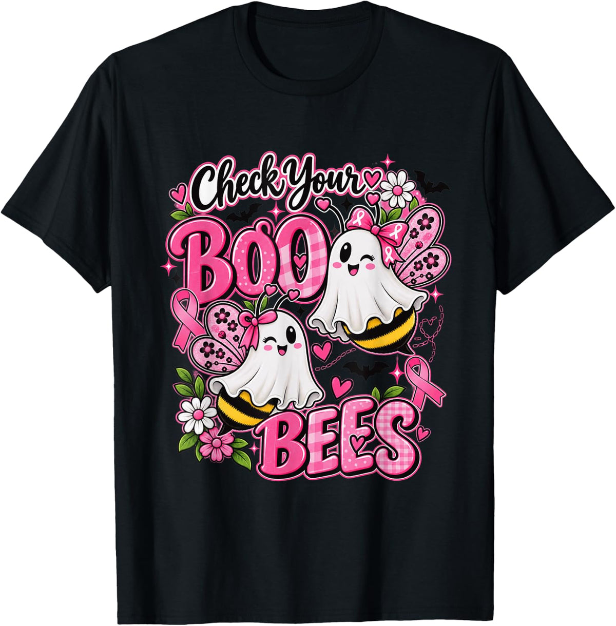 Check Your Boo Bees Breast Cancer Halloween Cute Pink Ghost T-Shirt - Black