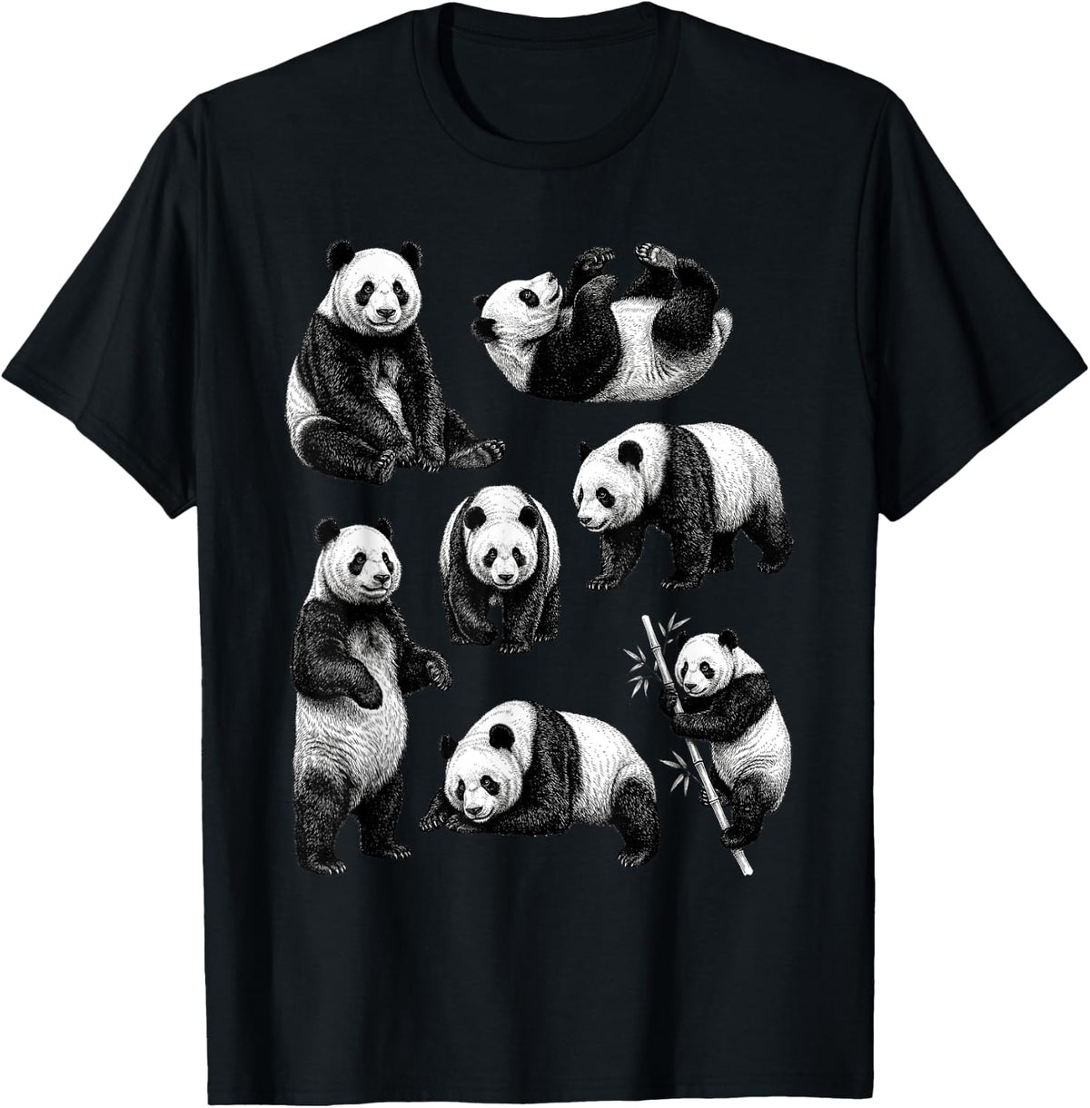 Panda Bear Vintage Sketch Art Wildlife Animal Retro Nature T-Shirt - Black