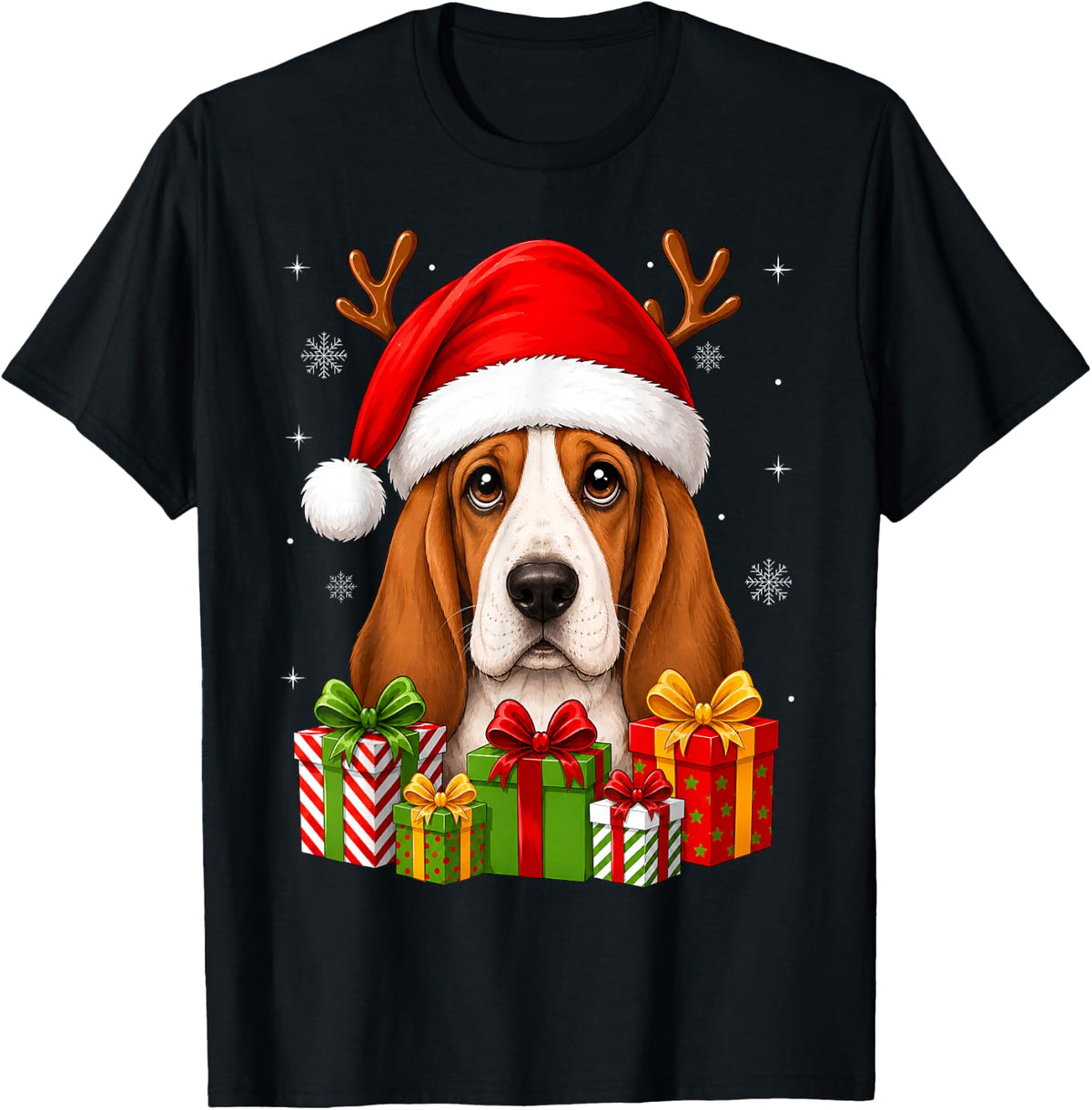 Basset Hound Dog Christmas Santa Hat Xmas Decor Cute Festive T-Shirt - Black
