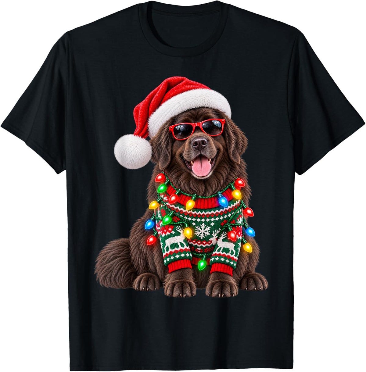 Newfoundland Christmas Lights Santa Hat Sunglasses T-Shirt - Black
