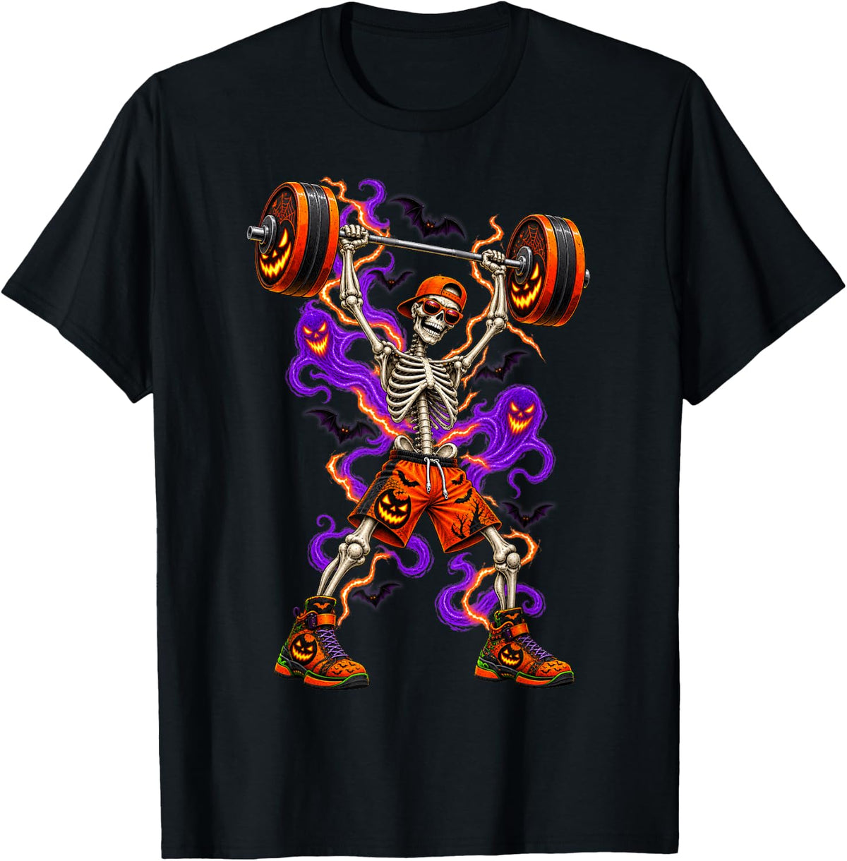 Spooky Halloween Weightlifting Skeleton Pumpkin Gym Rat Men T-Shirt - Black