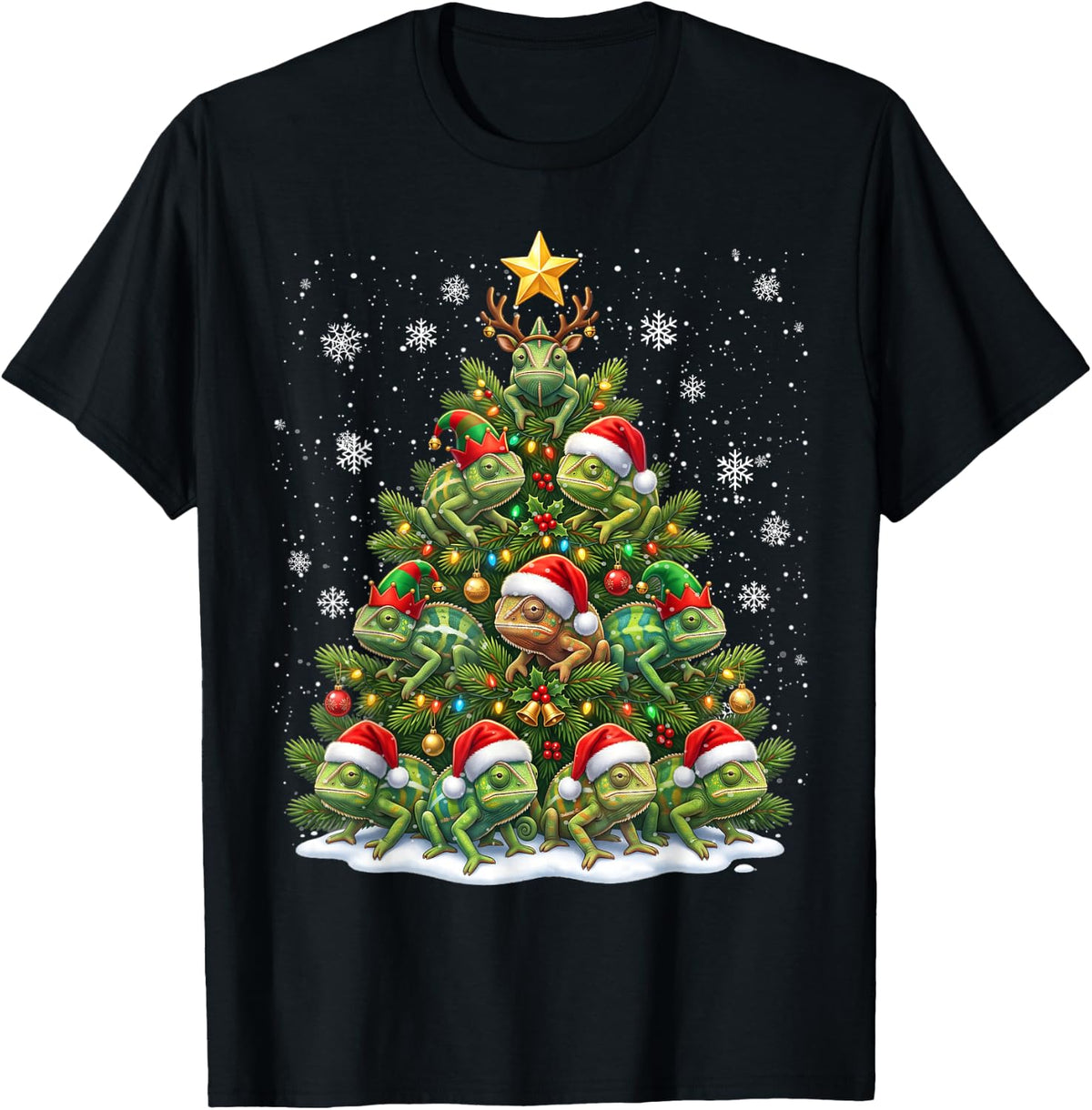 Funny Christmas Tree Chameleon Family Xmas Pajamas T-Shirt - Black