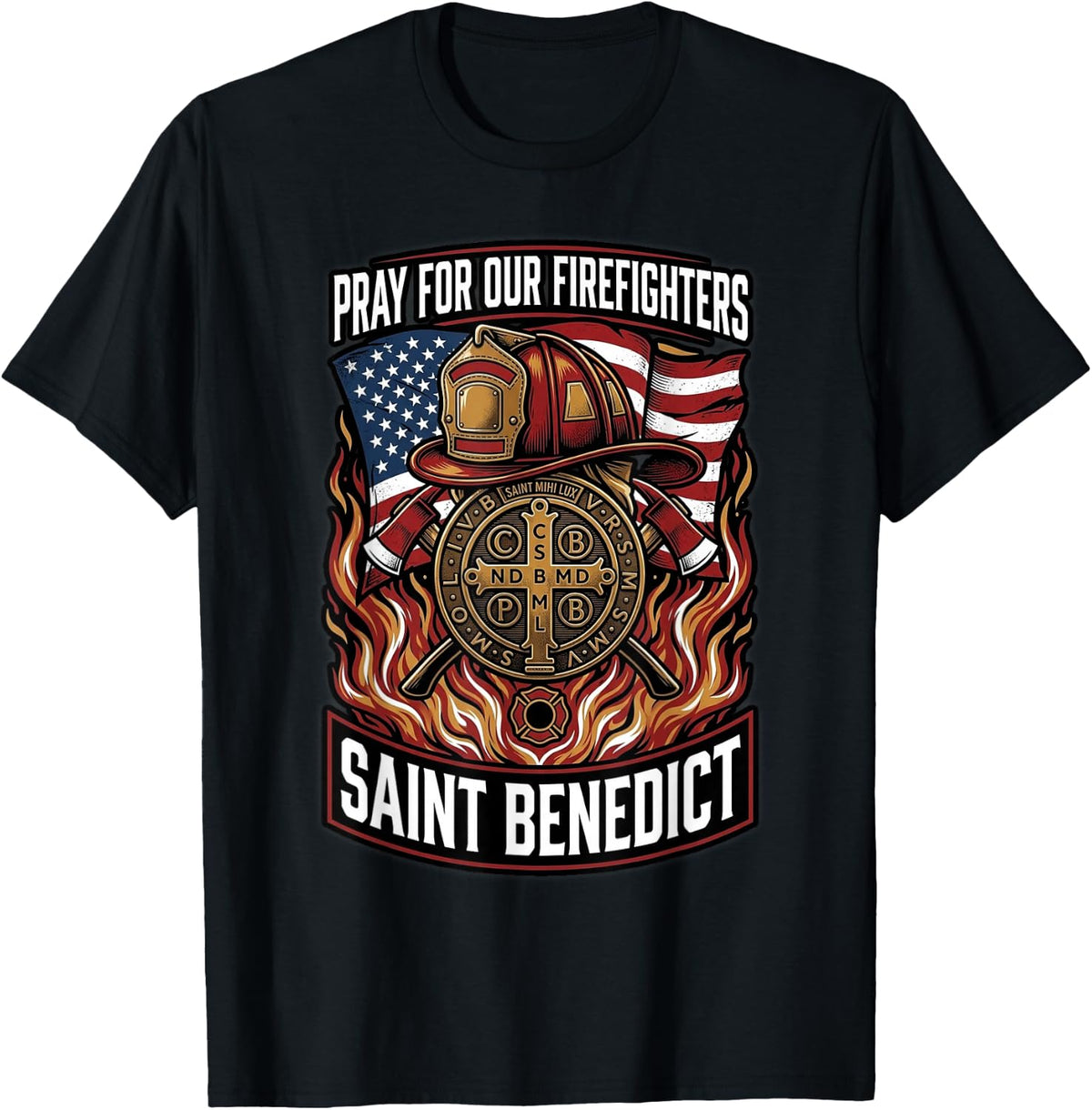 Saint Benedict Medal Fire Helmet Flag Flames Catholic T-Shirt - Black