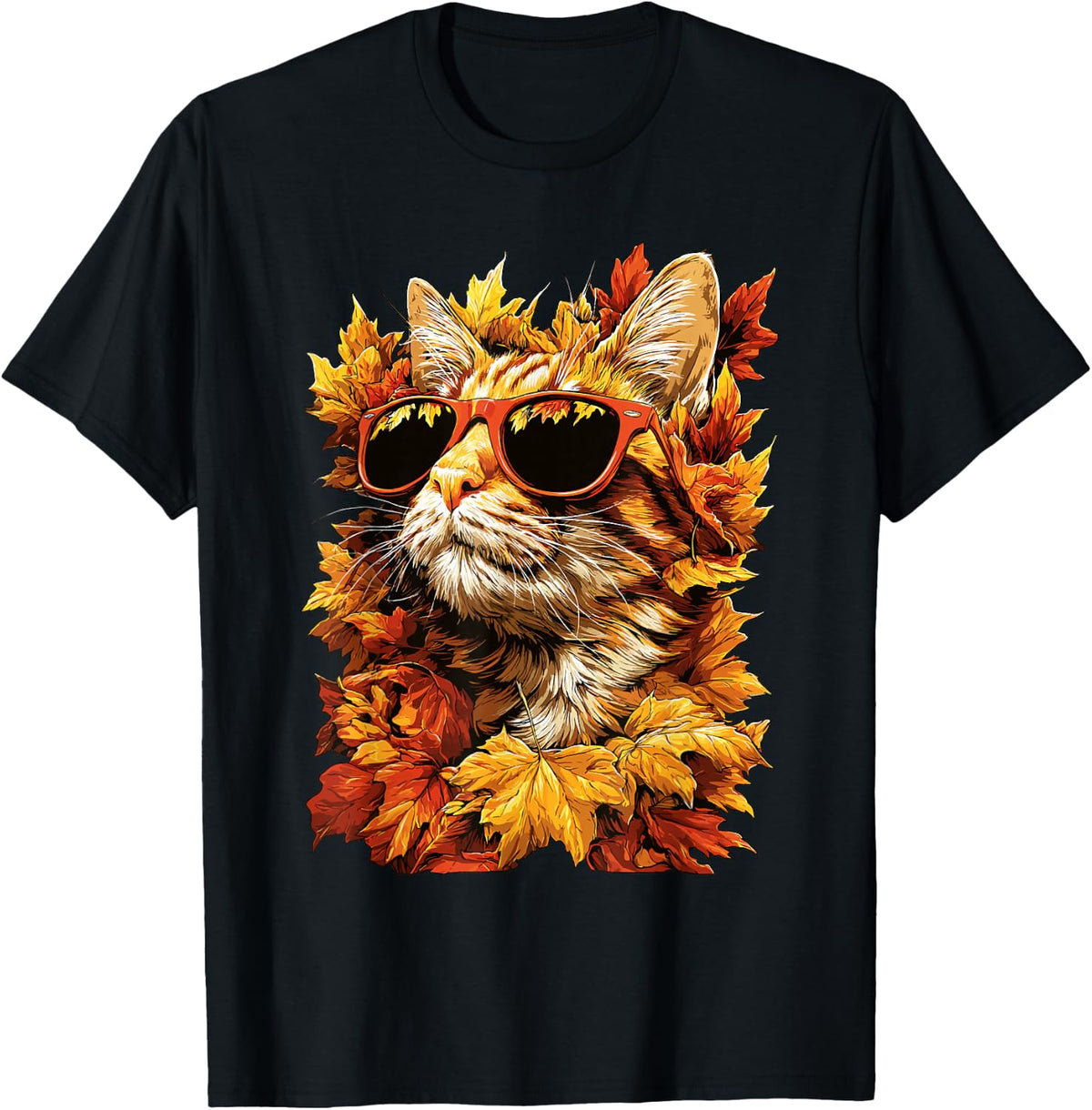 Orange Tabby Cat with Sunglasses Autumn Leaves Fall Animal T-Shirt - Black