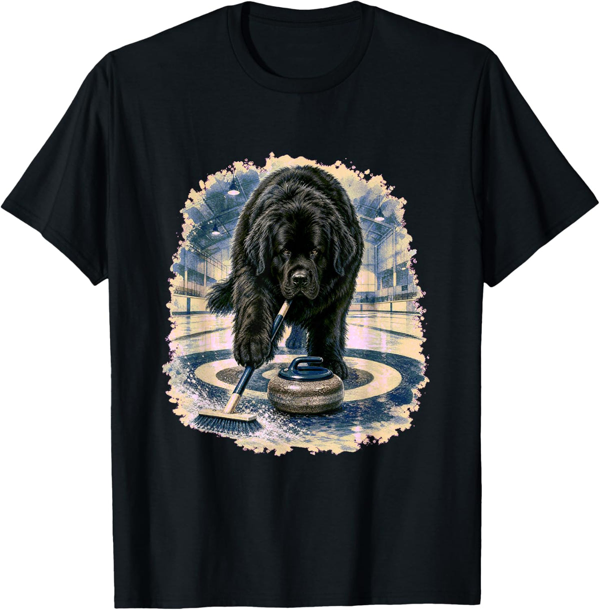 Newfoundland Curling Ice Crew Dog Art T-Shirt - Black