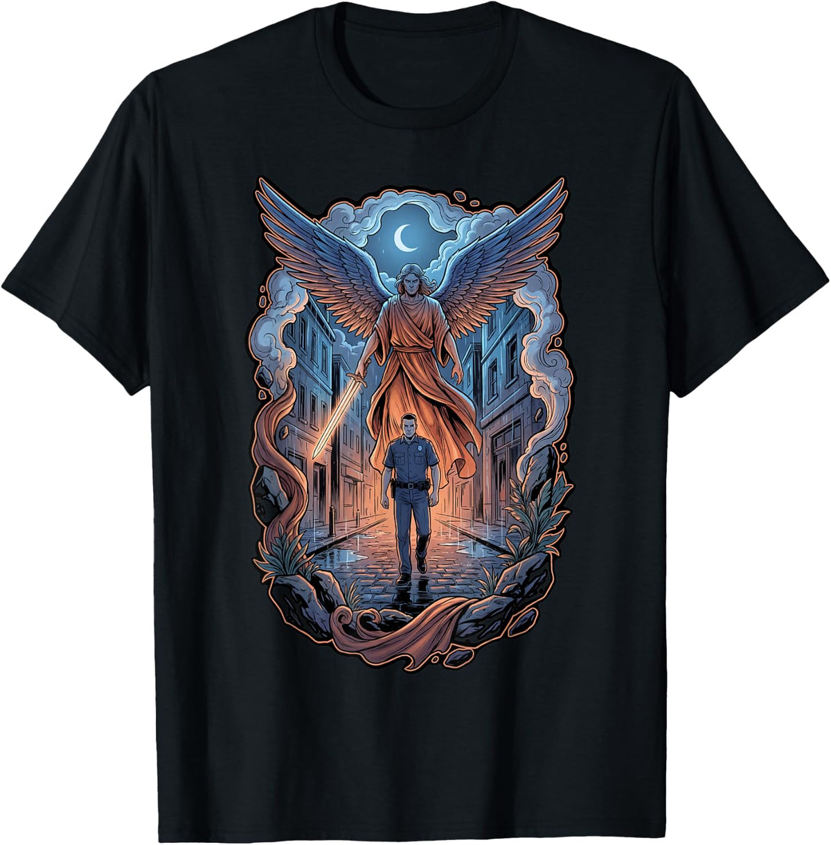 Archangel Guarding Police Officer on Rainy Street Catholic T-Shirt - Black