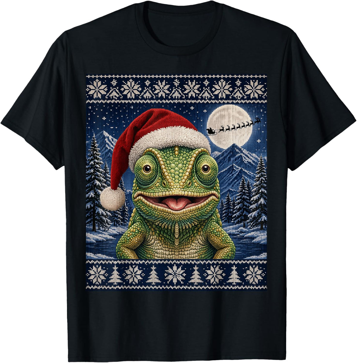 Cute Chameleon Santa Ugly Christmas T-Shirt - Black