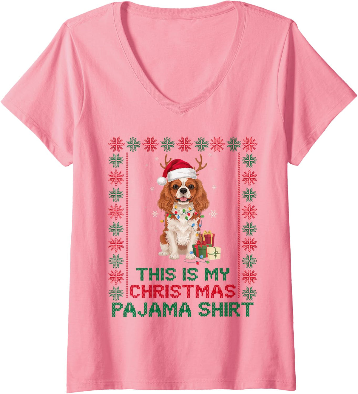 Women's Cavalier King Charles Spaniel Christmas Pajama Santa Dog Mom V-Neck T-Shirt - Pink