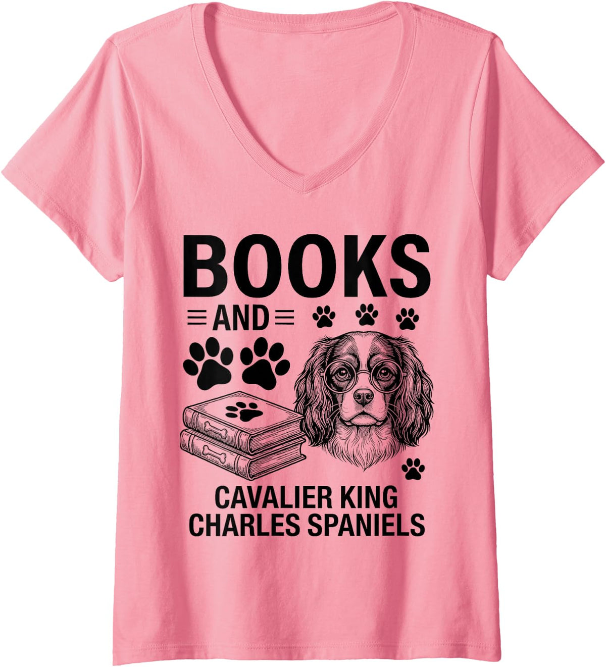 Women's Books and Cavalier King Charles Spaniel V-Neck T-Shirt - Pink