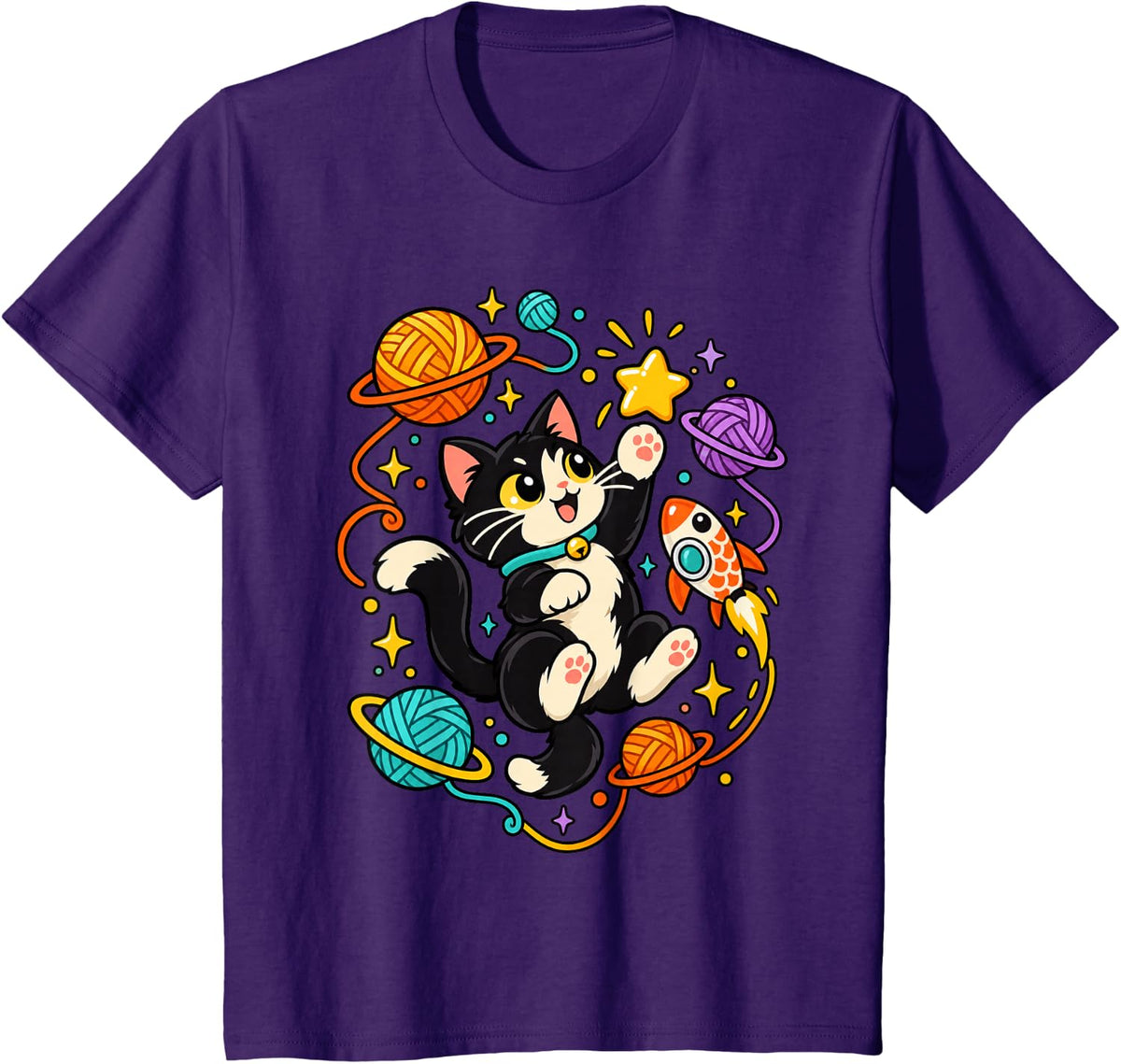 Cat in Space Playing with Yarn Ball Planets & Fish Rocket T-Shirt - Purple