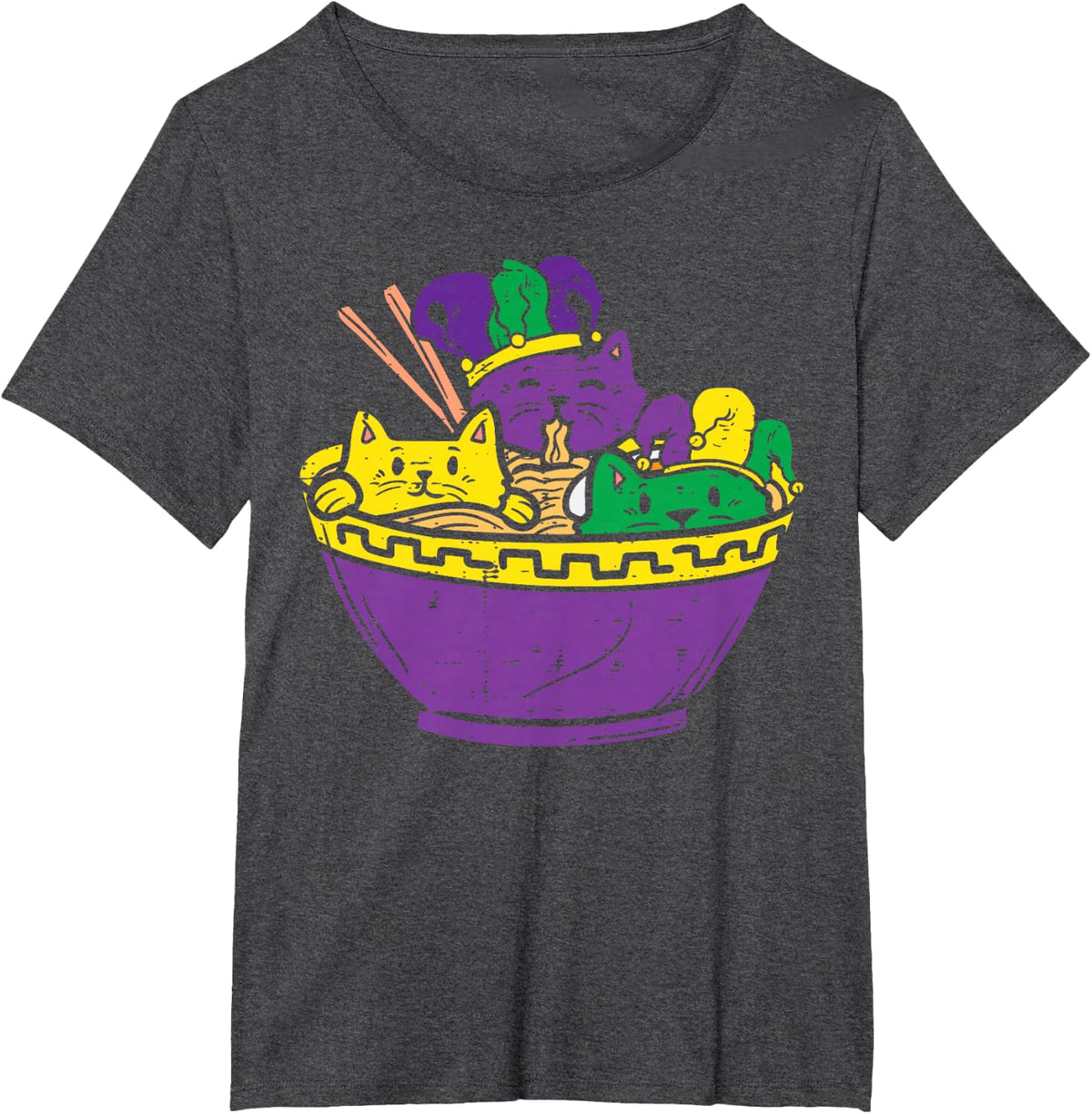 Mardi Gras Cats Ramen Kawaii Japanese Noodle Food Anime T-Shirt - Dark Heather Grey